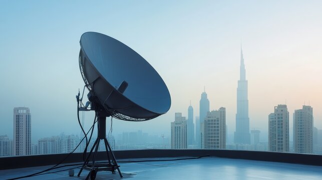 Satellite dish on rooftop overlooking city skyline at dawn, urban technology connection for internet and television communication in modern metropolis.