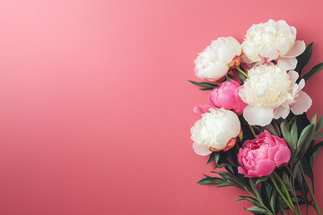 Fototapeta premium Peonies Bouquet with Pink Background: A stunning bouquet of delicate peonies in full bloom against a vibrant, gradient pink backdrop, ideal for conveying themes of elegance, celebration.