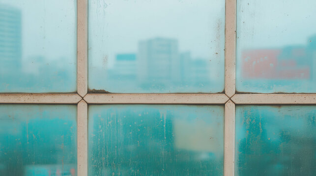 Urban reflection: city skyline through a dirty window for background concept