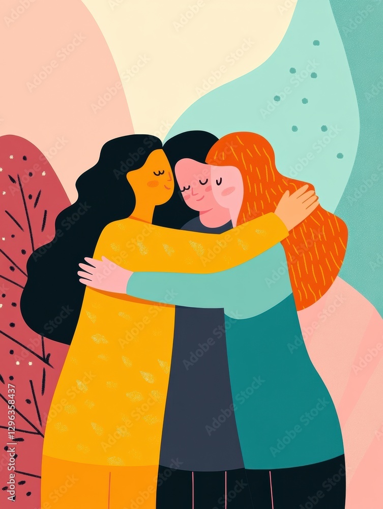 Aufkleber three friends embrace each other joyfully in a colorful, abstract setting with smooth shapes and war