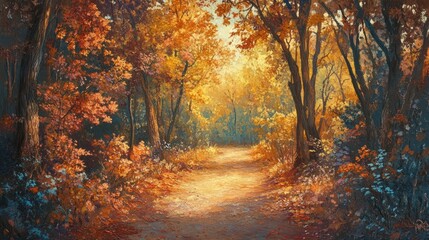 An autumn forest path blanketed in vibrant leaves, golden light breaking through the trees, creating a serene and enchanting setting