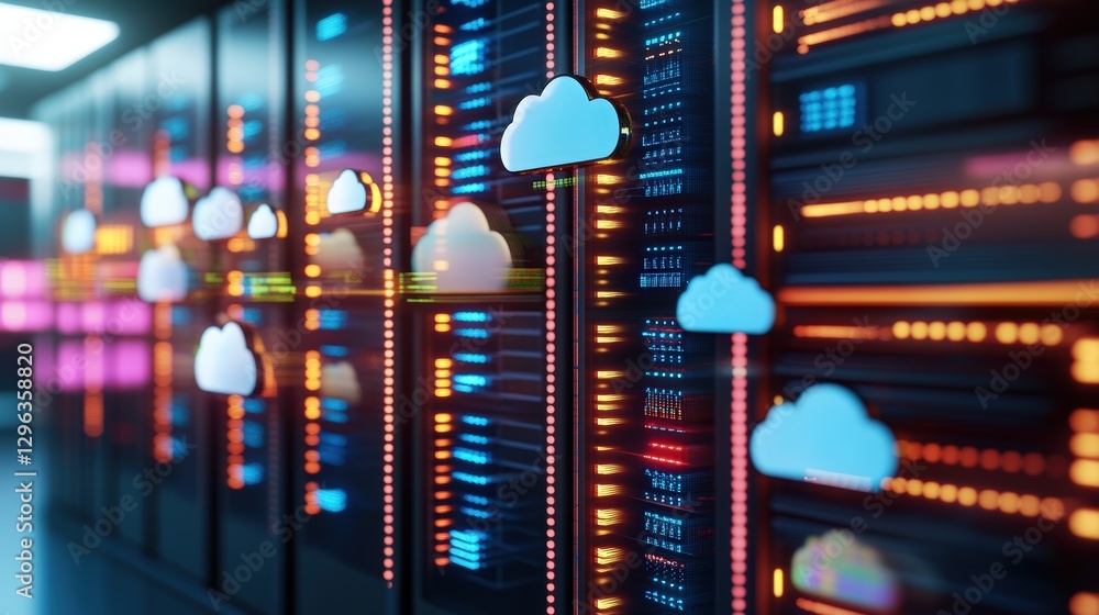 Poster row of servers with cloud computing concept in a data center environment for technology infrastructu