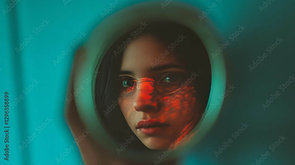 Poster Abstract reflection portrait in mirror with distorted light and colorful background