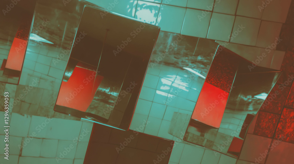 Poster Abstract reflection background with distorted mirrors and red accents for modern design