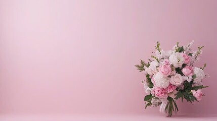 A charming pink bicycle features a vibrant bouquet of flowers emerging from the back, set in a soft pastel background