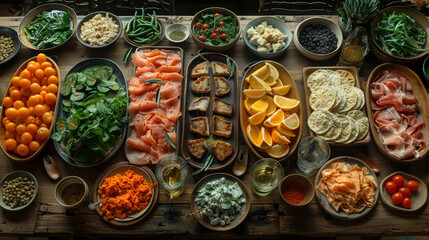 Fototapeta premium Overhead display of salmon, citrus, and fresh greens on wooden table 