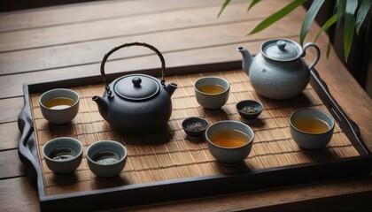 Tranquil Tea Ceremony Black and Grey Teapots with Cups on Bamboo Tray