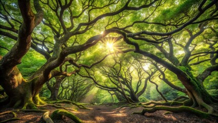 Sunlit Path Through Ancient Forest Canopy of Majestic Trees with Intertwined Branches and Moss-Covered Roots