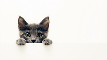 Obraz premium Curious grey kitten with wide open eyes peeks out from behind a white surface, looking playful and inquisitive