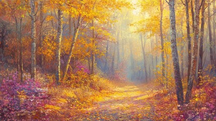 Fototapeta premium A mystical autumn scene with a forest trail covered in colorful fallen leaves and soft sunlight streaming through golden-hued trees