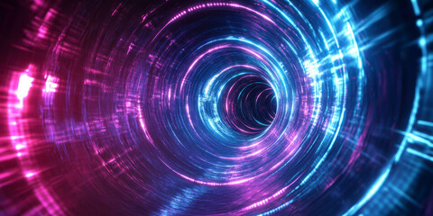 Fototapeta premium A breathtaking 3D music background featuring a swirling vortex of glowing neon sound waves forming a dynamic, immersive tunnel. The high-tech, cybernetic pulses create a surreal visualization of deep
