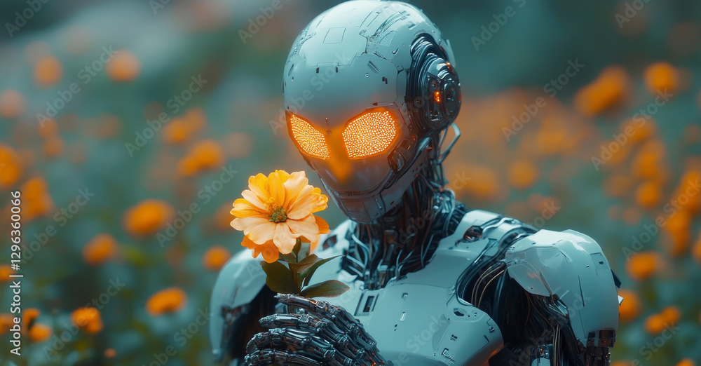 Aufkleber a humanoid robot admires a flower in a colorful field, embodying peace and harmony with nature on a 