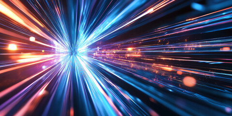 A futuristic abstract background featuring pulsating holographic light trails seamlessly blending into a high-tech digital expanse. The interplay of radiant reflections and smooth transitions enhances