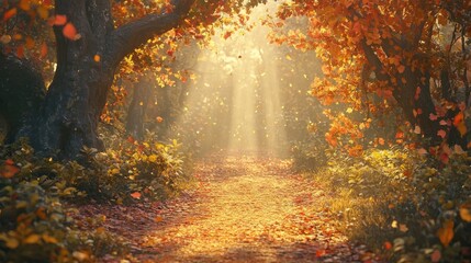 Fototapeta premium A peaceful forest path in autumn, covered in colorful leaves and bathed in golden light, creating a tranquil and magical setting