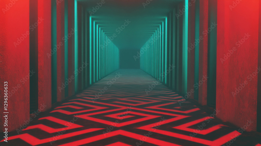 Poster Abstract corridor with repeating geometric patterns and vivid colors for modern design