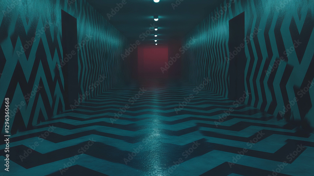 Fototapete mysterious endless corridor with repeating patterns and ambient lighting