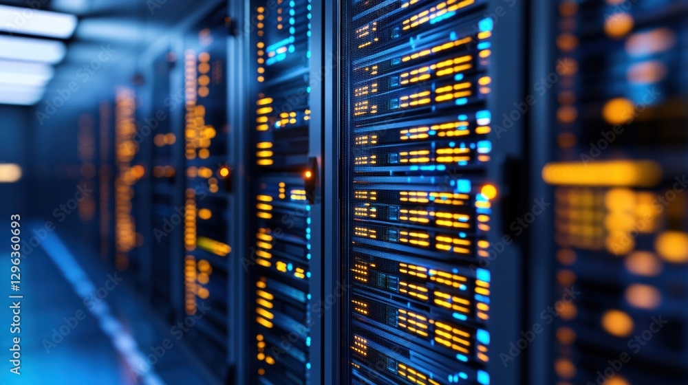 Poster server in a modern data center with multiple racks and cooling systems for efficient data management
