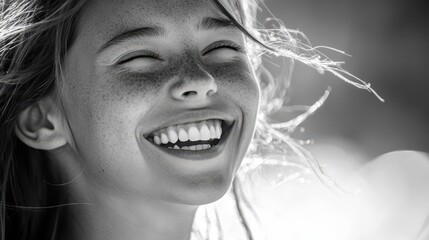 A close-up captures the radiant laughter of a fair-skinned woman as she basks in the warmth of the sun, adorned only by a delicate strand of hair, her eyes sparkling with joy.