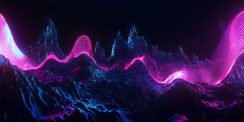 A futuristic 3D background featuring a floating neon soundwave stretching across a digital landscape. The glowing, pulsating frequencies form a mesmerizing audio visualization, creating a surreal,