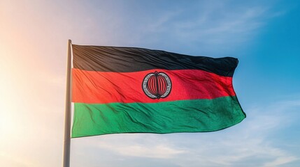 Vibrant Malawian Flag Waving Against Clear Sky at Sunset Time