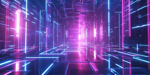 Fototapeta premium A futuristic abstract background showcasing fractal-inspired neon grids forming an endless cybernetic landscape. The glowing reflections and seamless geometric repetition create a mesmerizing sci-fi