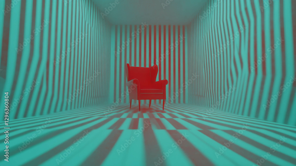 Poster surreal endless room with repeating furniture and optical illusion design