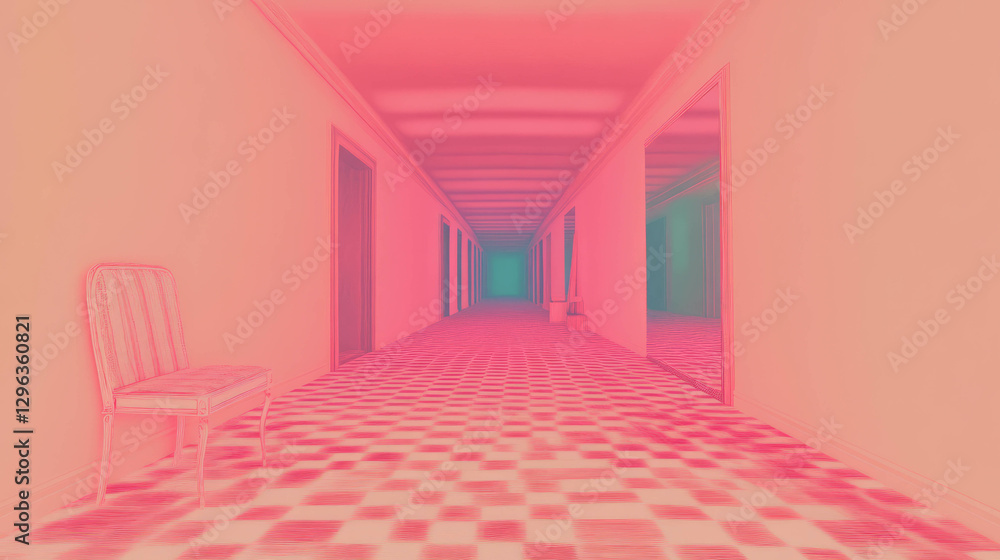 Poster surreal endless corridor with repeating furniture in vibrant colors