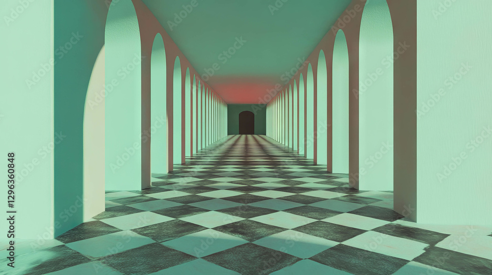 Aufkleber Endless corridor with repeating arches and checkered floor in abstract architecture design