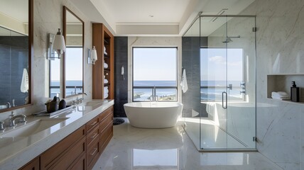 Luxe bathroom with polished stone finishes, sleek fixtures, and a glass-walled shower.