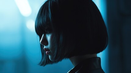 A sleek, short bob, styled with precision to perfection, frames a woman is face in a cascade of glossy, black strands that shimmer under the soft light of a modern setting. Minimalist background