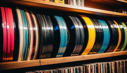 Colorful Vinyl Records Collection on Wooden Shelf Retro Music Background Vintage Analog Sound