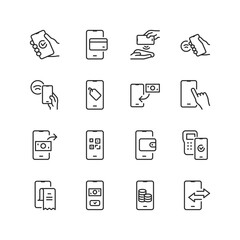 Mobile Payments, linear style icon set. Tools and processes for digital transactions using smartphones. Contactless payments, QR code scanning, app-based transfers. Editable stroke width.