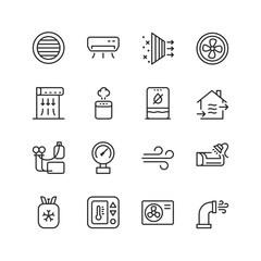 Maintenance of Air Conditioning Equipment, linear style icon set. Tools and processes for servicing, repairing, and maintaining air conditioning systems. Editable stroke width