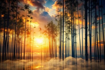 Double Exposure: Bamboo Forest Silhouette Over Soft Sunset Sky - Stock Photo