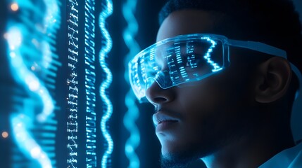 5. A medical professional using augmented reality glasses to view a patient is holographic DNA sequence, identifying mutations in real time