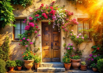 Double Exposure: Blooming Flowers & Front Door Home Entrance