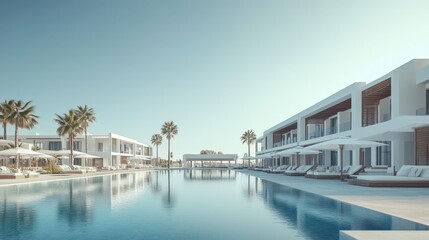 Fototapeta premium Sea view.Luxury modern white beach hotel with swimming pool. Sunbed on sundeck for vacation home or hotel. Generative ai Edited