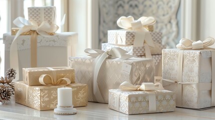 A collection of beautifully wrapped gifts in shades of white and gold, with a white candle in the foreground.
