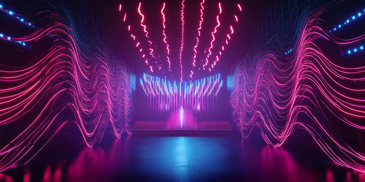 A breathtaking 3D abstract background with a glowing, levitating concert stage surrounded by dynamic neon sound waves. The synchronized pulses create an immersive visualization of music performance