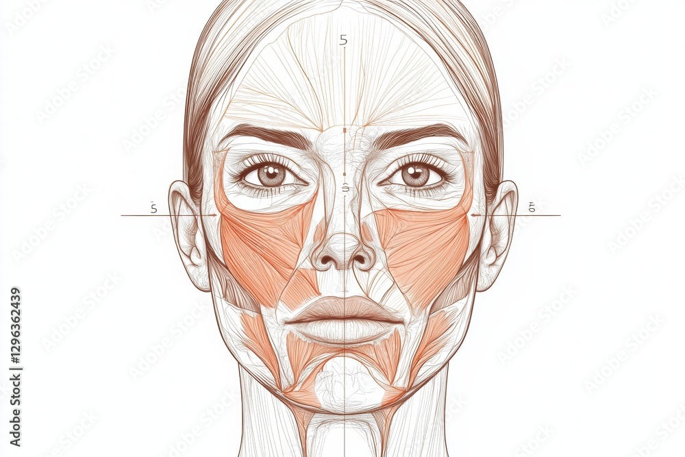Poster detailed medical illustration showing precise botox injection points on a female face with highlight