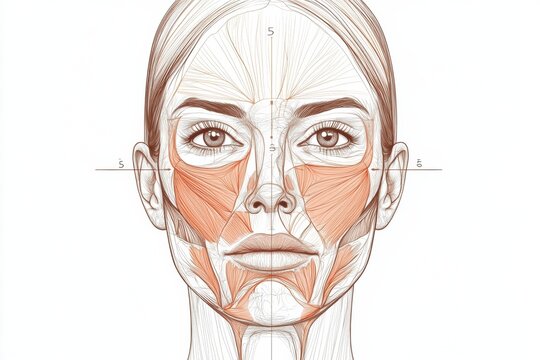 Detailed medical illustration showing precise Botox injection points on a female face with highlighted facial anatomy. Generative AI