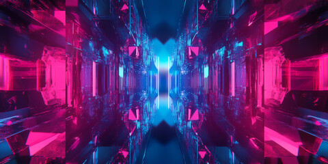 A futuristic 3D abstract background featuring neon-infused geometric prisms, sharp reflective surfaces, and pulsating digital energy patterns. The bold contrast between light and dark enhances the sci