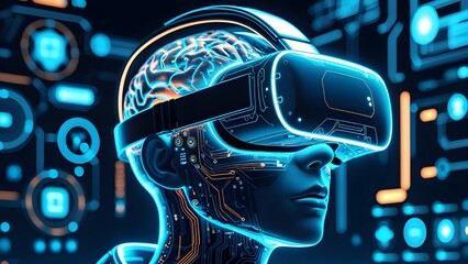 Futuristic AI-Enhanced Human Brain with VR Headset &ndash; Cyberpunk Digital Art