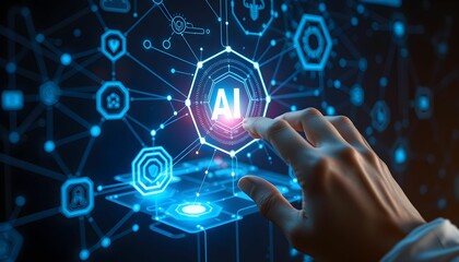 Futuristic holographic AI interface, glowing blue digital network, floating hexagons, human hand interacting, artificial intelligence symbol, advanced technology visualization, dark background
