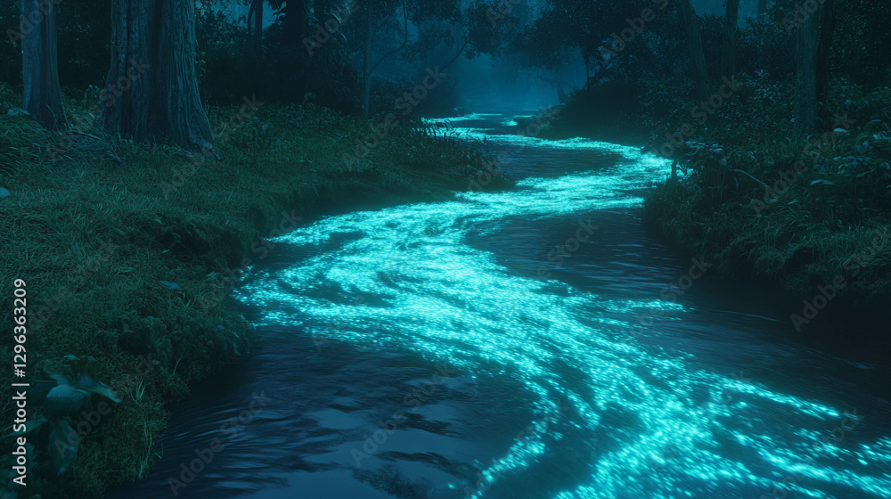 Poster enchanting forest stream with glowing algae at night for nature and fantasy design
