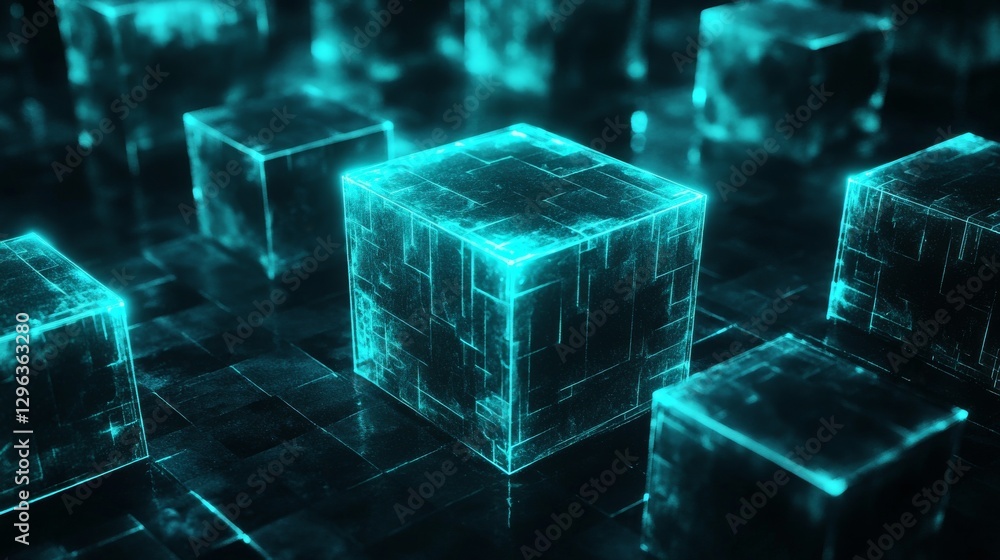 Poster glowing abstract cubes arranged on a structured dark surface