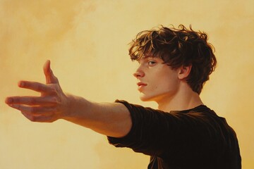 Artistic Young Man in Casual Brown Shirt Dramatically Extending Arms