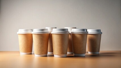 A Group of Take Away Paper Cups with White Lids on a Tabletop