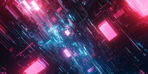 A high-tech 3D abstract background featuring layered floating panels with glowing neon edges, holographic distortions, and a deep cybernetic space. The modern design enhances the futuristic atmosphere