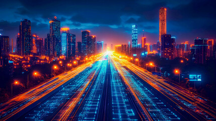 Fototapeta premium City skyline illuminated at night with vibrant lights and streaming traffic creating a dynamic urban atmosphere
